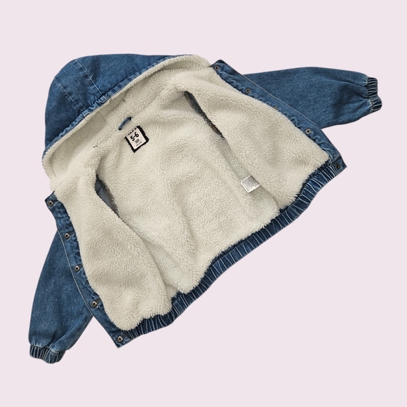 Cotton-On Kids Blue Jean Jacket Size 5-6 Sherpa with Hood - Picture 2 of 3
